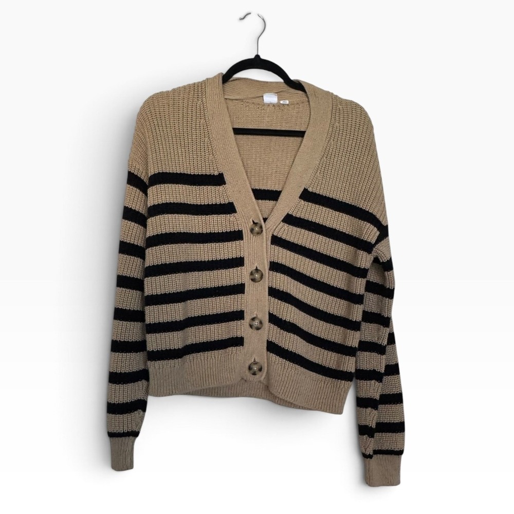 Gap Womens Tan Black Striped V-Neck Button Front Ribbed Knit Cardigan Sweater M